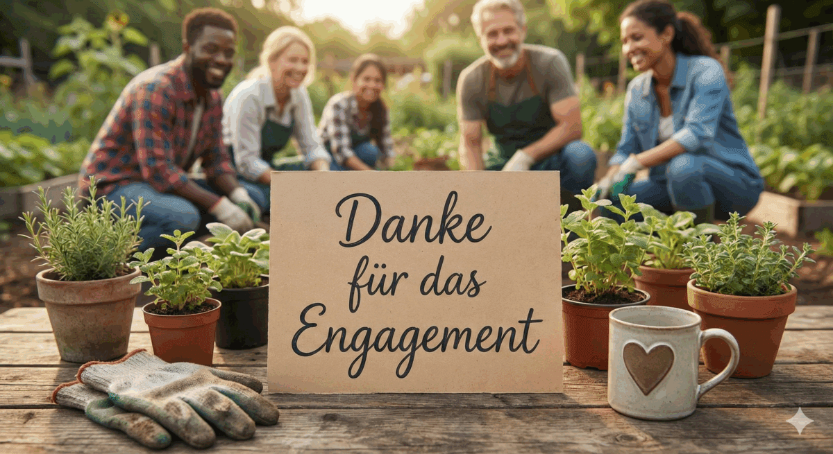 „Gruppe von Ehrenamtlichen arbeitet lachend in einem Gemeinschaftsgarten; im Vordergrund steht ein Schild mit der Aufschrift ‚Danke für das Engagement‘ – Motiv zum Internationalen Tag des Ehrenamtes Niedersachsen.